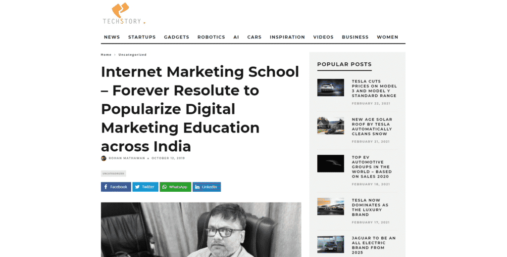 Internet Marketing School featured in TechStory.in